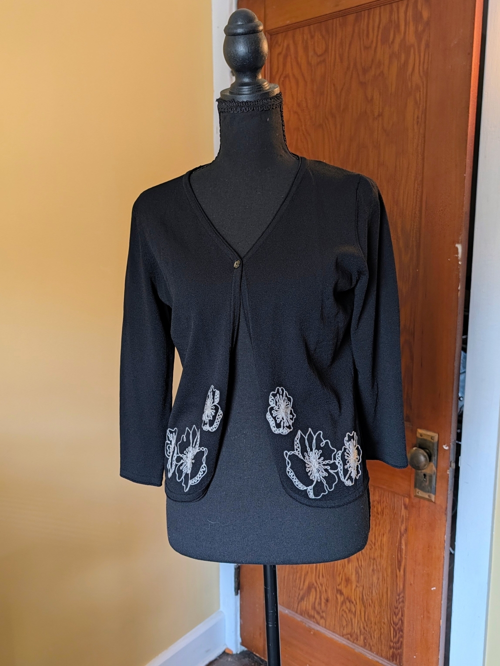 ByAnne Klein Vintage Black Cardigan with White Floral Embroidery